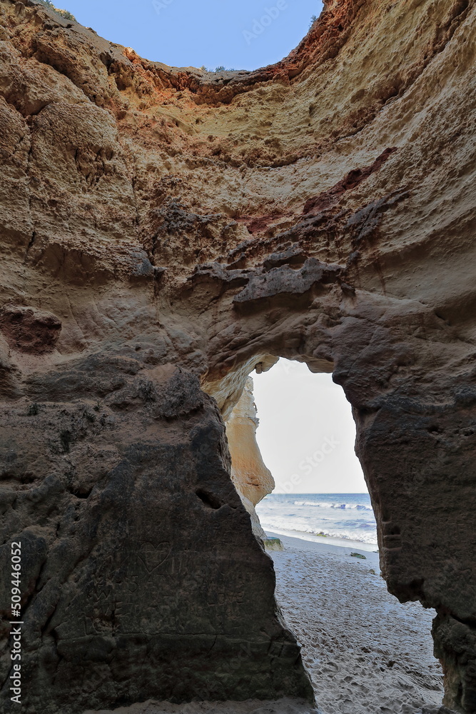 Inside-out view of algar geological formation-Praia Tres Castelos Beach. Portimao-Portugal-293