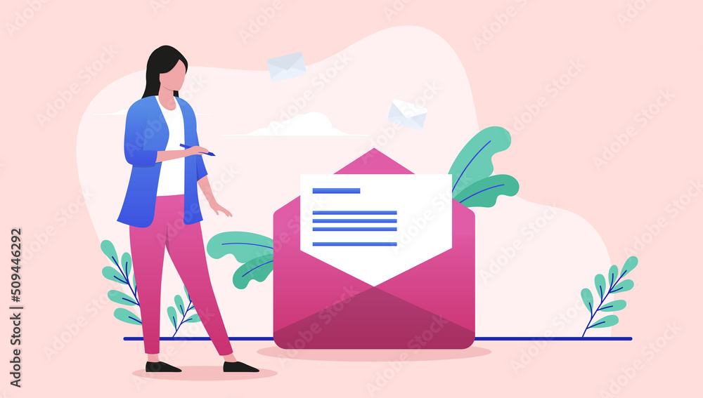 Writing email concept - Woman standing besides mail symbol holding pen ready to write. Flat design vector illustration Writing email concept - Woman standing besides mail symbol holding pen ready to write. Flat design vector illustration