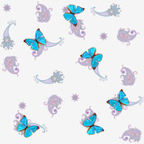 Delicate oriental seamless pattern with paisley, fluttering butterflies on a white background in vector. Sweet print for fabric