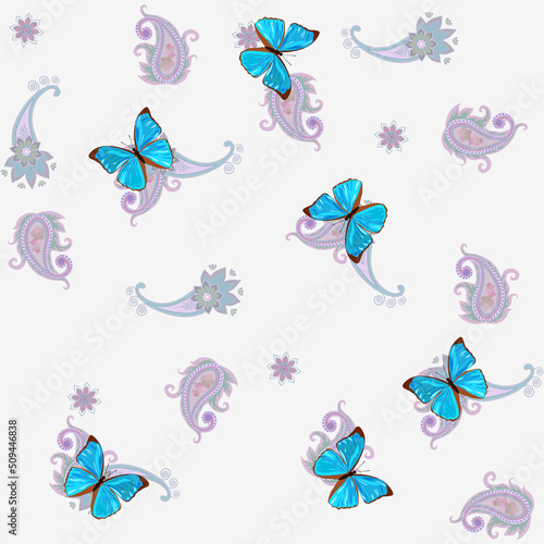 Delicate oriental seamless pattern with paisley  fluttering butterflies on a white background in vector. Sweet print for fabric