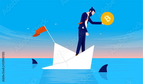 Bitcoin going down - Man holding crypto currency coin in hand in sinking ship. Price decline and crisis concept, vector illustration