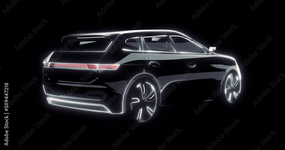 Lighted concept of modern black SUV car exhibited in a dark showroom from behind. White line motion in 4K animation of own designed generic non existing car. Lighted concept of modern black SUV car exhibited in a dark showroom from behind. White line motion in 4K animation of own designed generic non existing car.