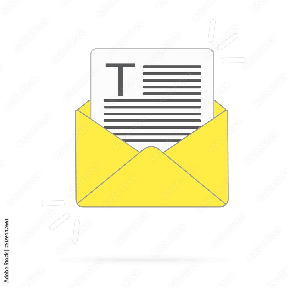Envelope yellow with sheets of paper and text, and leter T. New email . Flat design illustration. Stock vector graphics Envelope yellow with sheets of paper and text, and leter T. New email . Flat design illustration. Stock vector graphics