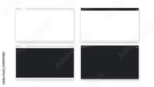 Browser windows set template - blank frames of unbranded browsers in light and dark mode to use in mockups. Realistic vector illustration