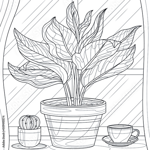 Flower in a pot on the windowsill and a cup of coffee.Coloring book antistress for children and adults. Illustration isolated on white background.Zen-tangle style.