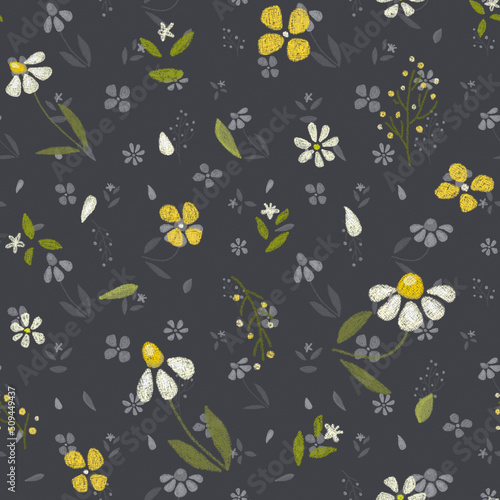 Seamless pattern, small flowers, daisies. Paper texture, pastel texture, hand drawing. © Таня Ювица