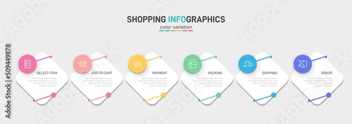 Concept of shopping process with 6 successive steps. Six colorful graphic elements. Timeline design for brochure, presentation, web site. Infographic design layout.