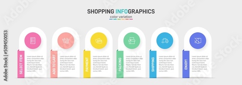Concept of shopping process with 6 successive steps. Six colorful graphic elements. Timeline design for brochure, presentation, web site. Infographic design layout.