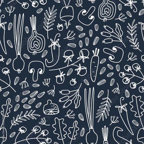 Doodle vegetables, herbs and seeds isolated on a dark blue backdrop. Outline vector seamless pattern. Simple design for textiles, wrapping paper, wallpaper, menu. Beet, onion, mushroom, chili, carrot.