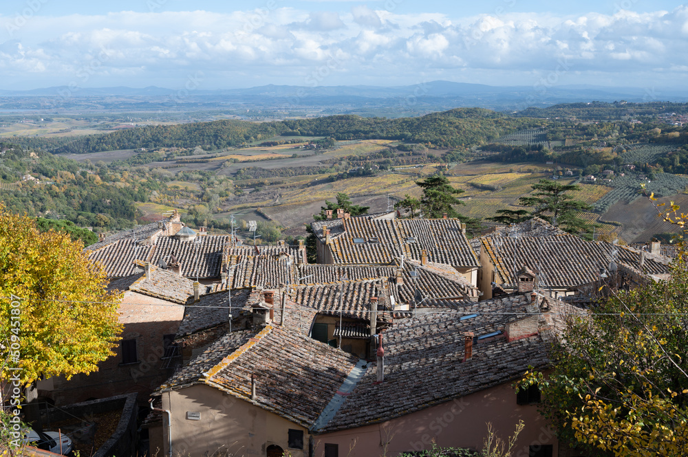 Fototapeta premium View on old roofs, hills and vineyards from old town Montepulciano, Tuscany, Italy