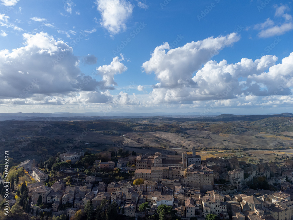 Aerial view on old town Montepulciano, Tuscany, Italy