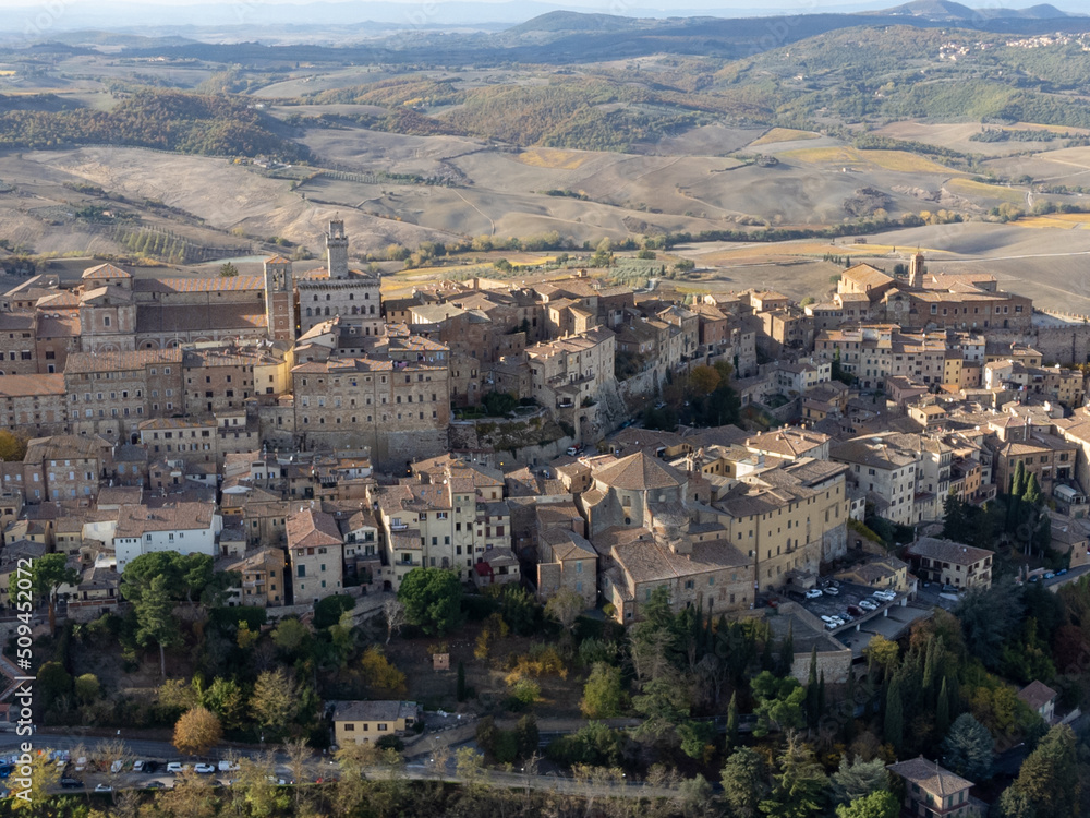 Aerial view on old town Montepulciano, Tuscany, Italy