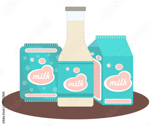 Different packages of dairy products for world milk day on a white background in the same style. Paired, pasteurized, UHT, sterilized, Refurbished. Concept vector best premium illustration.