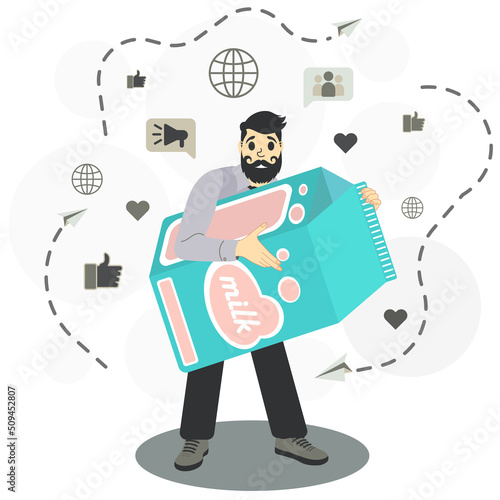 Man with a beard carries a large carton of milk in his hands. Human advertises the use of dairy products to the whole world. World milk day. Concept vector best premium illustration.