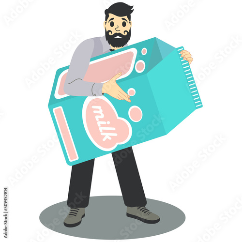 Man with a beard keeps a large carton of milk in his hands. Human shows the world's largest carton of milk. World milk day. Vector best premium illustration on a white background.
