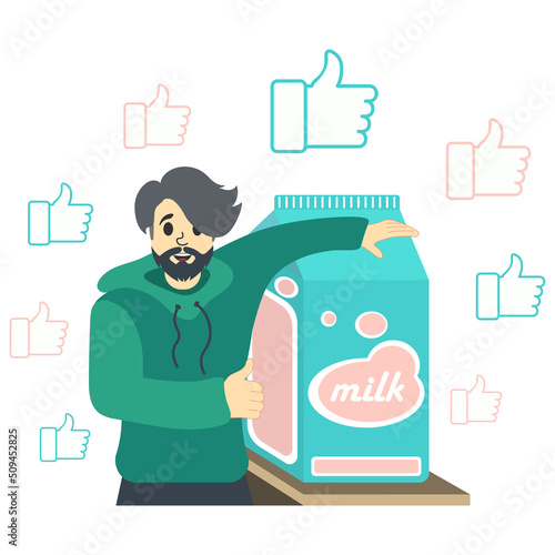 Man smiling puts a class on that brand of milk. Human happy hugged a large package of dairy product. Lots of thumbs up and grades. World milk day. Vector best premium illustration.