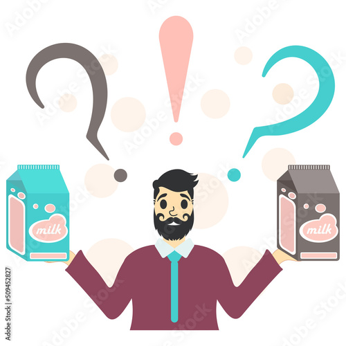 Man beard what kind of milk he should. From cow's milk, chocolate,  almond, soy, coconut, oatmeal, rice. Human holding milk cartons in her hands. World milk day. Person has questions above his head.