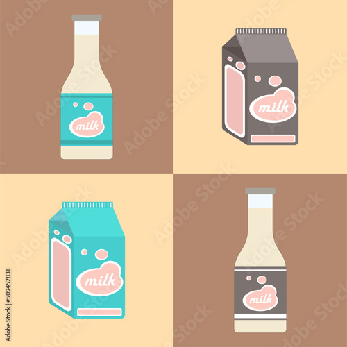 Pattern with different designs of milk packaging. World milk day. Concept four bottles and package Icons flat cartoon Vector best premium illustration.