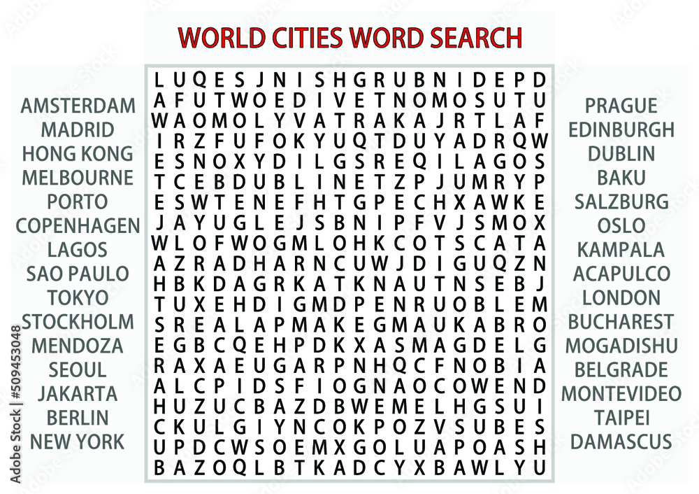 Word search puzzle vector (Word find game) illustration. World cities. 01