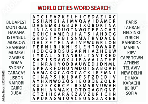 Word search puzzle vector (Word find game) illustration. World cities. 02