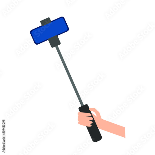 Selfie stick for smartphone vector illustration. Monopod selfie for mobile phone. Hand holding selfie stick.