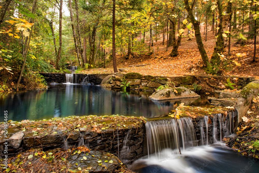 Autumn forest with waterfall. Colorful landscape with yellow and orange trees, stones and waterfall.