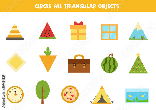 Find all triangular objects. Educational worksheet for children.
