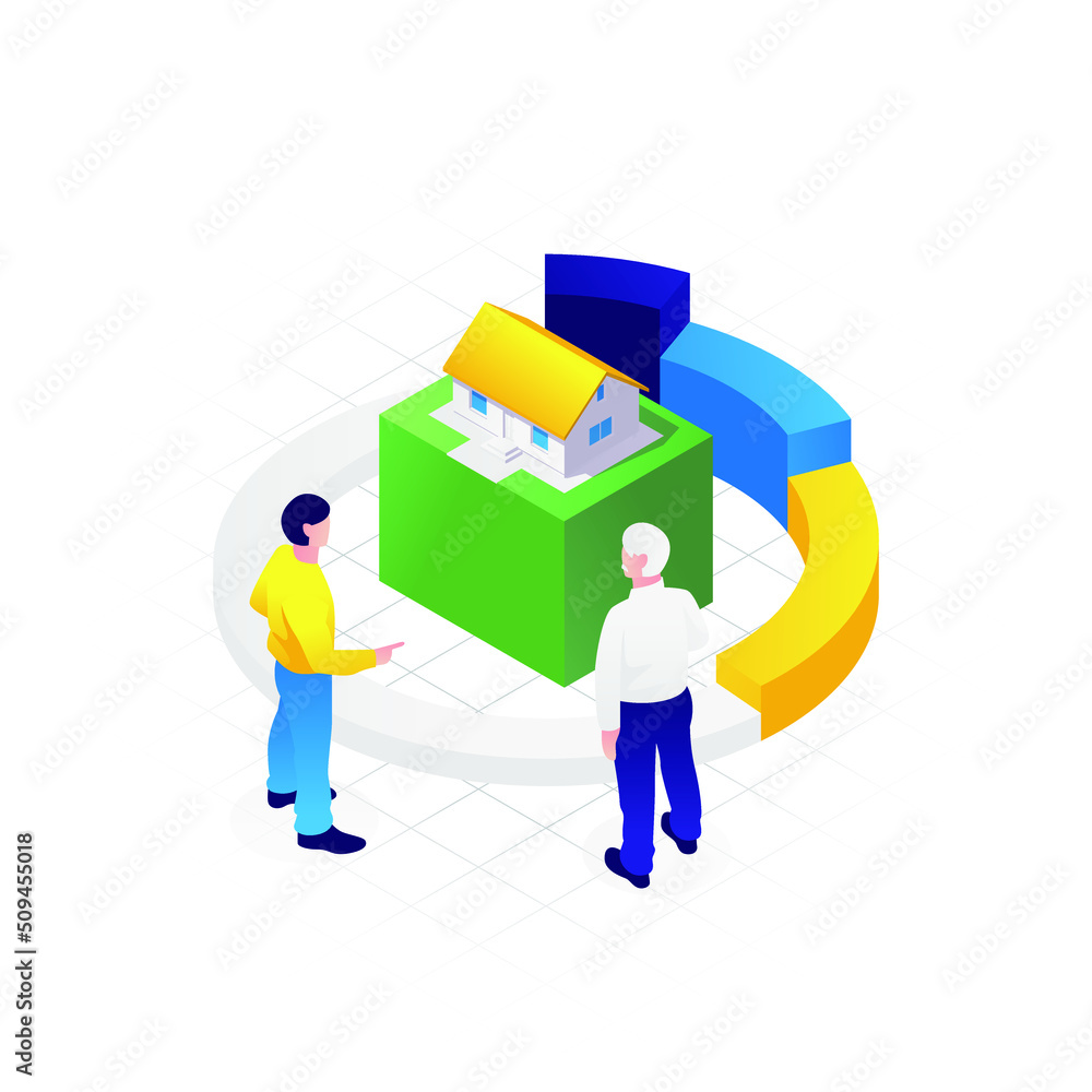 Illustration of two men discussing a house pie chart Illustration of two men discussing a house pie chart