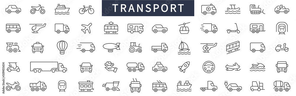 Transport thin line icons set. Vehicle icons. Transport symbols collection. Transport types. Vector illustration - obrazy, fototapety, plakaty 