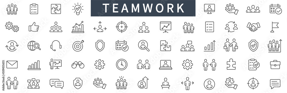 Teamwork and Business people icons set. Teamwork thin line icon collection. Business icons. Vector illustration - obrazy, fototapety, plakaty 