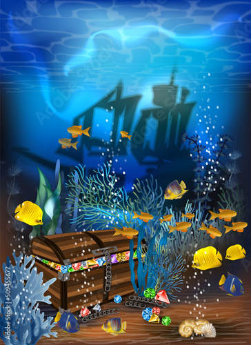 Underwater background with treasure chest box and sunken ship, vector illustration