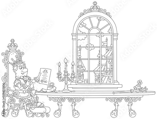 Funny angry king in a golden crown sitting on his throne in a palace and signing an important royal decree with a quill pen and ink, black and white vector cartoon for a coloring book page