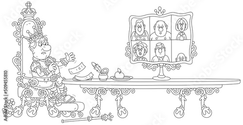Angry king in a golden crown and solemn royal attire sitting on his throne in a palace and talking with government ministers via a magic mirror, black and white vector cartoon for a coloring book page
