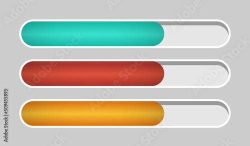The health or progress bar. Life scale. Green, orange and red stripes. Design elements for video games. Vector clipart isolated on gray background.