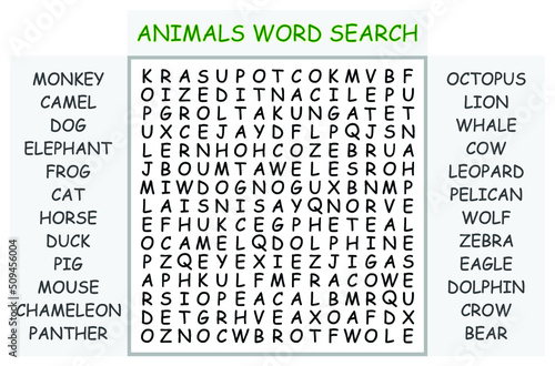 Animals word search puzzle vector