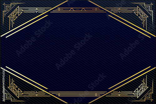 Art Deco styled template for invitations. Party design. Complex golden frame.