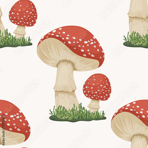 Vector Seamless Pattern with Poisonous Inedible Mushroom. Hand Drawn Cartoon Red Fly Agaric Mushroom Isolated on White. Amanita Muscaria, Fly Agaric Mushrooms