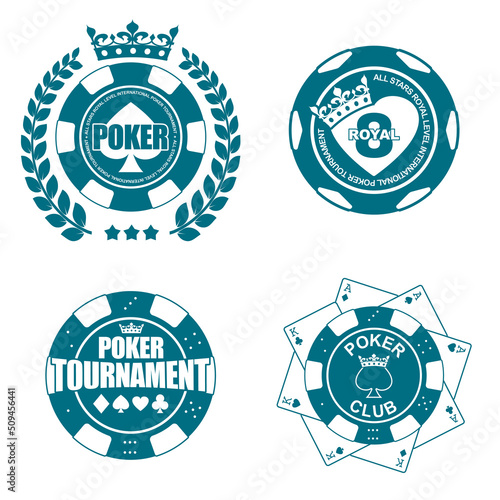 Poker club tournament emblem isolated monochrome logo on white background. Poker chip with spades in crown and laurel wreath. Casino chip on cards set. Vector graphic casino sign design set