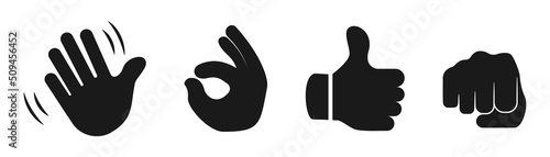 Hand emoji gesture. Waving hand. Thumb up and ok gesture. Hand emoji icon in black. Oncoming fist symbol. Hand gesture icon set. Stock vector illustration.