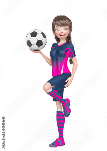 soccer girl is happy and also holding ball in white background full body view