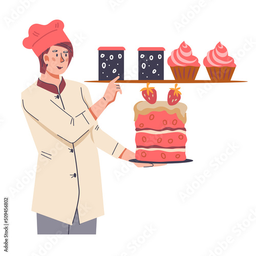 Professional confectioner female character holding ready cake, flat cartoon vector illustration isolated on white background. Character for confectionery and cake making.