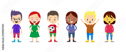 Kids waving hands flat vector illustrations set. Smiling little children in casual clothing greeting gesture. Diversity.
