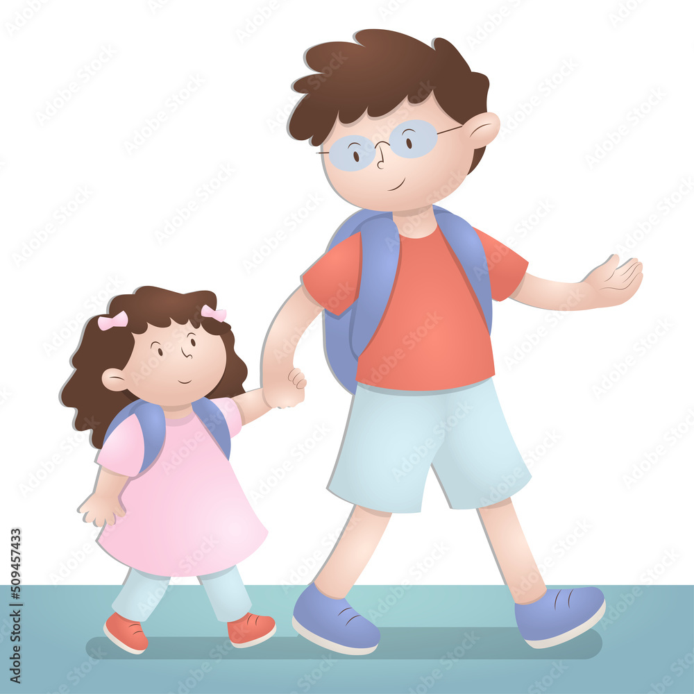 Illustration of cute older brother walking hand in hand with his younger sister Illustration of cute older brother walking hand in hand with his younger sister