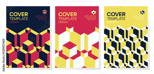 Set of trendy abstract isometric 3d optical illusion geometric shapes cover design. 