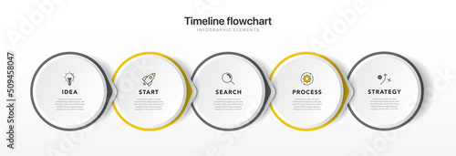 Timeline infographic design with 5 options or steps. Infographics for business concept. Can be used for presentations workflow layout, banner, process, diagram, flow chart, info graph, annual report.