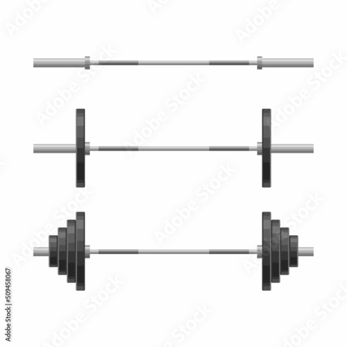Barbell with different weights set isolated on white background. Weightlifting equipment, Bodybuilding, gym, crossfit, workout, fitness club symbol. Sport vector illustration