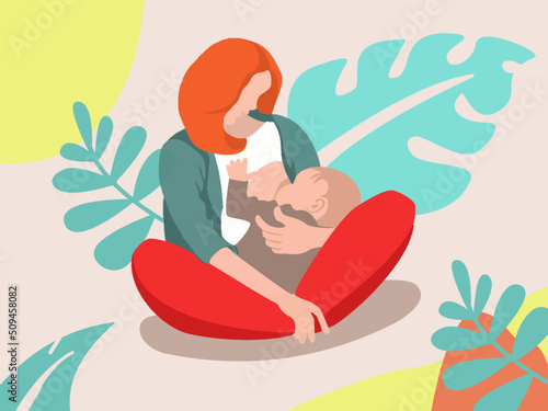 Young woman siting and feeding baby with breast. Breastfeeding concept. World breastfeeding week vector illustration