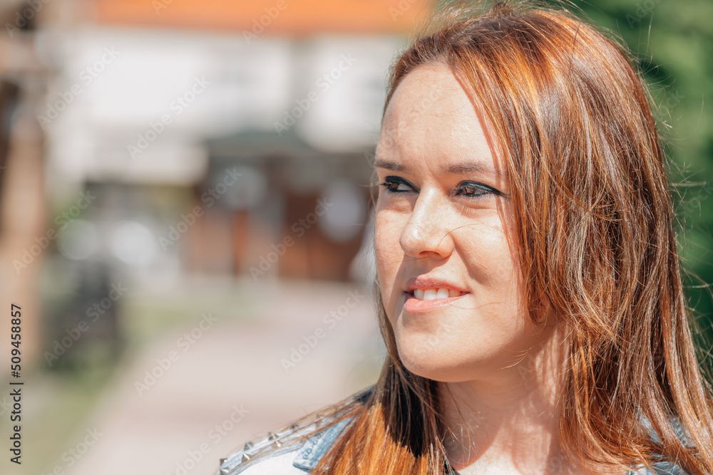 portrait young caucasian woman outdoors portrait young caucasian woman outdoors