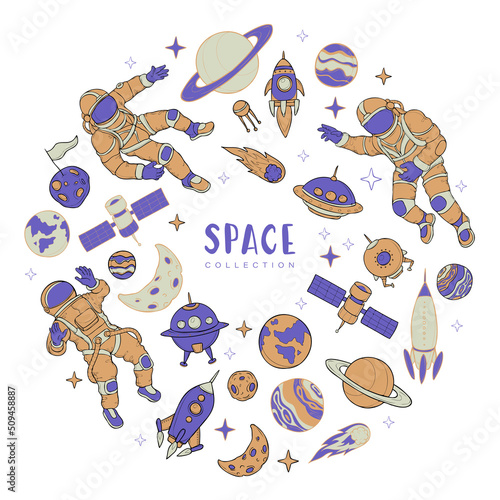 Vector color set of space items and object isoleted on white, austronauts and space ships whit planets, univers collection.