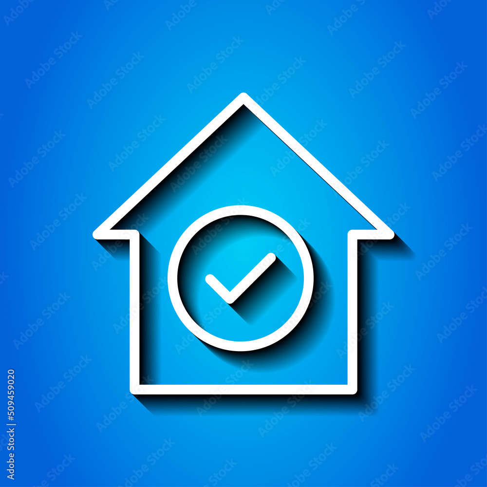 Confirm, agree, house simple icon. Flat desing. White icon with shadow on blue background.ai